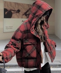 ダウンジャケット 赤・グレー チェック柄 フード付き フード付き赤ネイビーチェックダウンジャケット - メルカリ