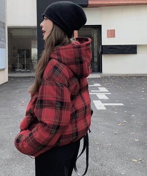 ダウンジャケット 赤・グレー チェック柄 フード付き ウールライク チェック ダウン ブルゾン | タケオキクチ(TAKEO KIKUCHI
