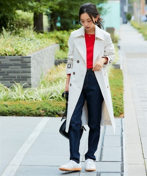 nissen（ニッセン）の「【花粉がつきにくい】トレンチコート（裏地ストライプ・共布ベルト付）（はっ水）＜大きいサイズ有＞（ダッフルコート・レディース・アイボリー/ベージュ/ネイビー・3L/LL/L/M/S）」の5枚目の写真