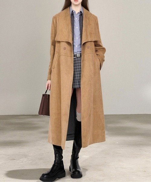 ビッグカラーウエストマークスウェードロングコート（トレンチコート