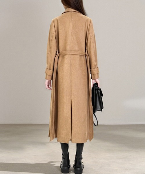 ビッグカラーウエストマークスウェードロングコート（トレンチコート