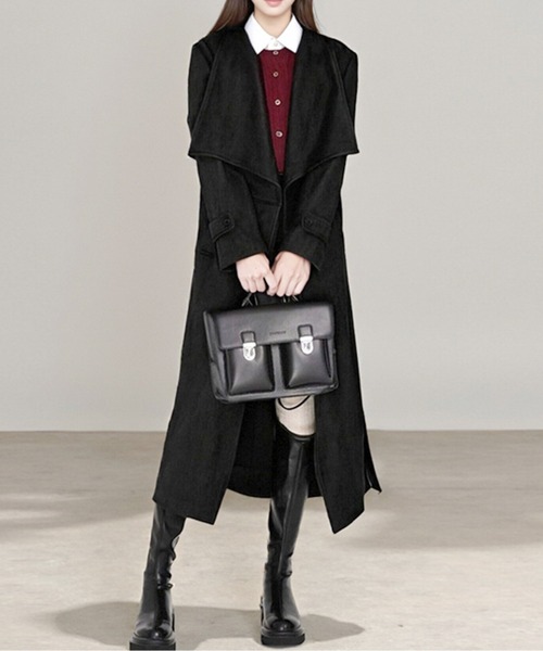 ビッグカラーウエストマークスウェードロングコート（トレンチコート