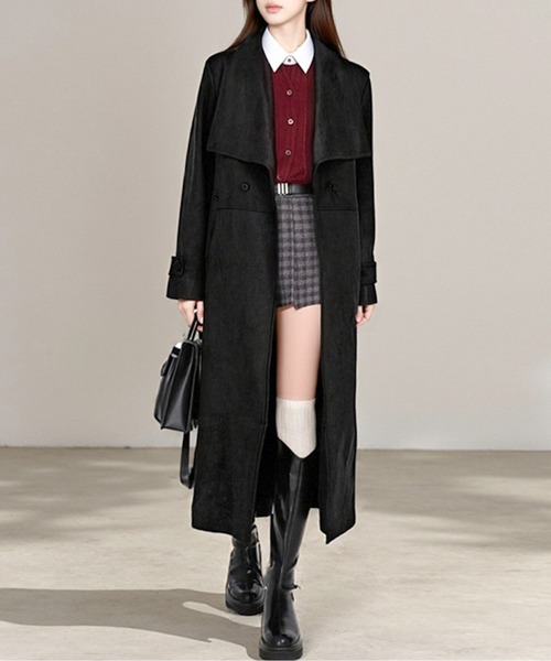 ビッグカラーウエストマークスウェードロングコート（トレンチコート