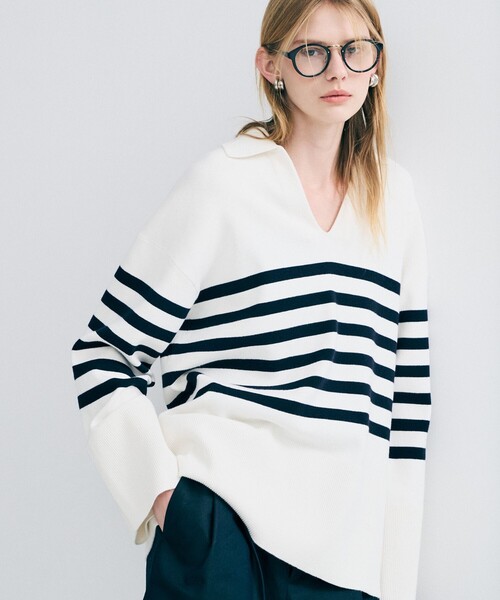 uncrave(アンクレイヴ)の「スウェットライクニット スキッパートップス(ニット/セーター・レディース・ホワイト系/ネイビー系5/ブラック系/ライトグレー系・F)」の1枚目の写真