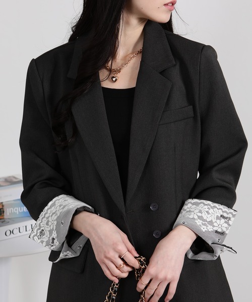 BPN レース柄ジャケット　燕尾 セール】袖口レース付き Wテーラードジャケット（テーラードジャケット