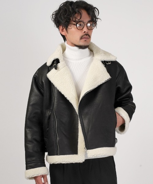 LUXSTYLE(ラグスタイル)の「フェイクムートンダブルジャケット(ムートンコート・メンズ・ホワイト×ブラック/ブラック×ブラック・L/M)」の8枚目の写真