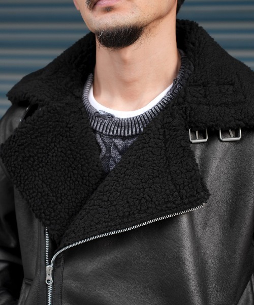 LUXSTYLE(ラグスタイル)の「フェイクムートンダブルジャケット(ムートンコート・メンズ・ホワイト×ブラック/ブラック×ブラック・L/M)」の13枚目の写真