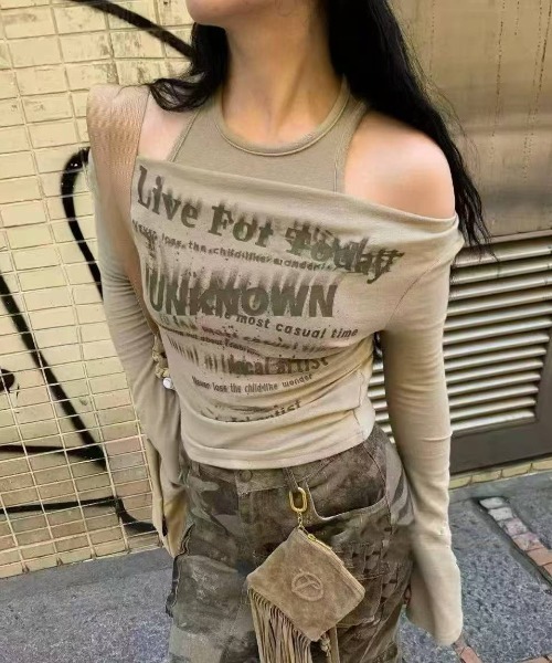 26春夏新作】レイヤード風 オフショルダー ロゴプリント ロング