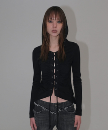 SHIRRING LACE UP HOODIE [BLACK]