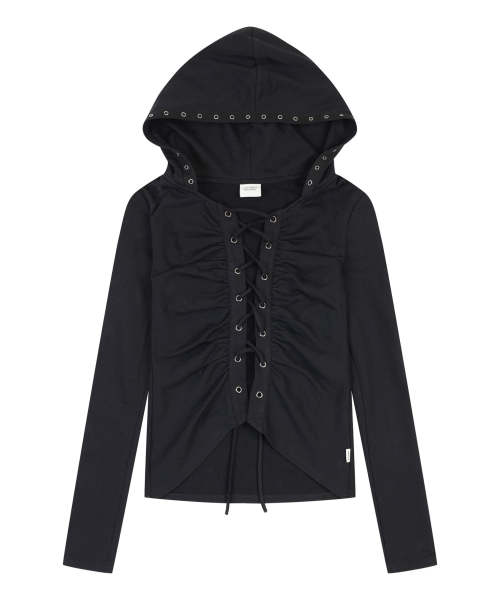 ORDINARY HOLIDAY（オーディナリー ホリデー）の「SHIRRING LACE UP HOODIE [BLACK]（パーカー・レディース・その他・FREE）」の2枚目の写真