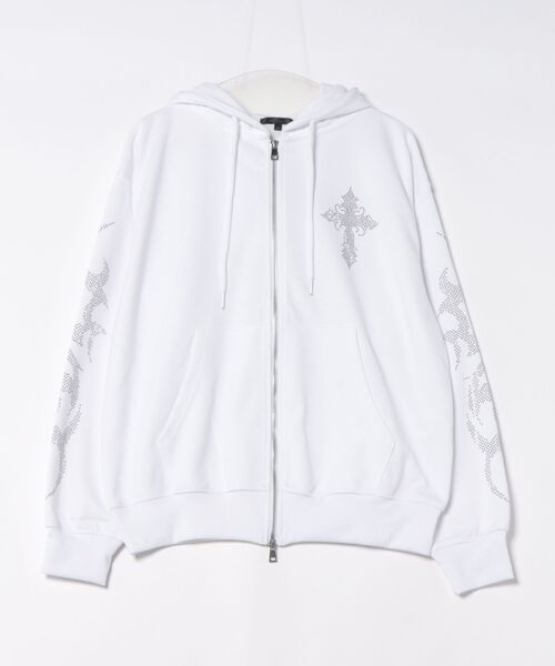 Revo.(レボ)の「クロス&トライバル ラインストーン ダブルジップ 裏毛 ポンチ スウェット ジップパーカー【UNISEX】(パーカー・メンズ・ホワイト/ブラック・M/L)」の2枚目の写真