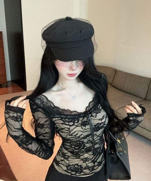 VIBGYOR(ヴィブジョー)の「【EIZZ/アイズ】総レース シアー ロングスリーブ トップス フロントリボン タイト カットソー(Tシャツ/カットソー・レディース・ブラック/ホワイト・FREE)」の2枚目の写真