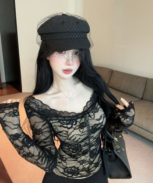 VIBGYOR(ヴィブジョー)の「【EIZZ/アイズ】総レース シアー ロングスリーブ トップス フロントリボン タイト カットソー(Tシャツ/カットソー・レディース・ブラック/ホワイト・FREE)」の6枚目の写真