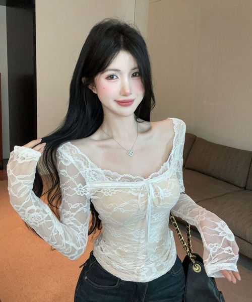 VIBGYOR(ヴィブジョー)の「【EIZZ/アイズ】総レース シアー ロングスリーブ トップス フロントリボン タイト カットソー(Tシャツ/カットソー・レディース・ブラック/ホワイト・FREE)」の10枚目の写真