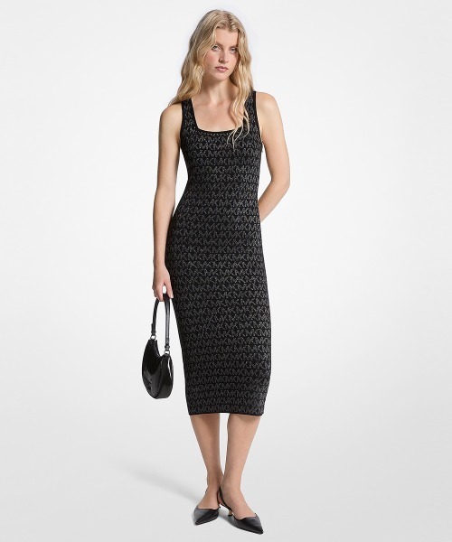 MICHAEL KORS(マイケルコース)の「メタリック ロゴ ジャカード ミディ ドレス(ワンピース・レディース・ブラック×シルバー・XXS/S/XS/M)」の1枚目の写真