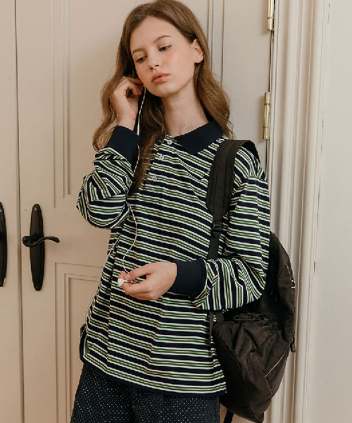 MAC MOC（マックモック）の「ボタンラグビー ボタンラグビーストライプラグビーシャツ_2カラー（ポロシャツ・レディース・ネイビー/ライトグレー・FREE）」の4枚目の写真