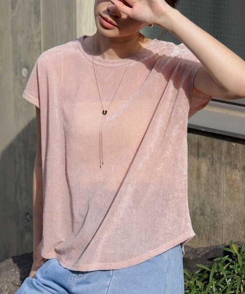 Bab(バブ)の「シアーベロアフレンチスリーブカットソー(Tシャツ/カットソー・レディース・チャコールグレー/オフホワイト/アイボリー/ブラック/ネイビー/オレンジ/ピンク/ブラウン/ブルー・MEDIUM)」の8枚目の写真