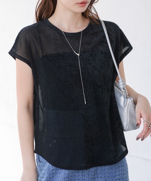 Bab(バブ)の「シアーベロアフレンチスリーブカットソー(Tシャツ/カットソー・レディース・チャコールグレー/オフホワイト/アイボリー/ブラック/ネイビー/オレンジ/ピンク/ブラウン/ブルー・MEDIUM)」の1枚目の写真