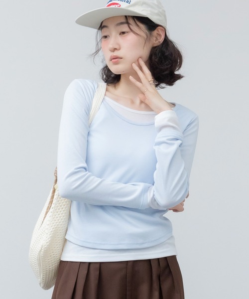 HEILIS(ヘイリス)の「レイヤードスムースカットソー / ブルー ブラック アイボリー カットソー トップス レイヤード ドッキング 春服 秋服 冬服 長袖 トップス 韓国 ガーリー 無地 カジュアル シンプル ノームコア オフィスカジュアル(Tシャツ/カットソー・レディース・ブラック/アイボリー/ブルー・FREE)」の3枚目の写真