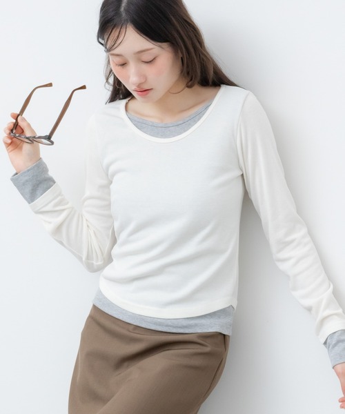 HEILIS(ヘイリス)の「レイヤードスムースカットソー / ブルー ブラック アイボリー カットソー トップス レイヤード ドッキング 春服 秋服 冬服 長袖 トップス 韓国 ガーリー 無地 カジュアル シンプル ノームコア オフィスカジュアル(Tシャツ/カットソー・レディース・ブラック/アイボリー/ブルー・FREE)」の1枚目の写真