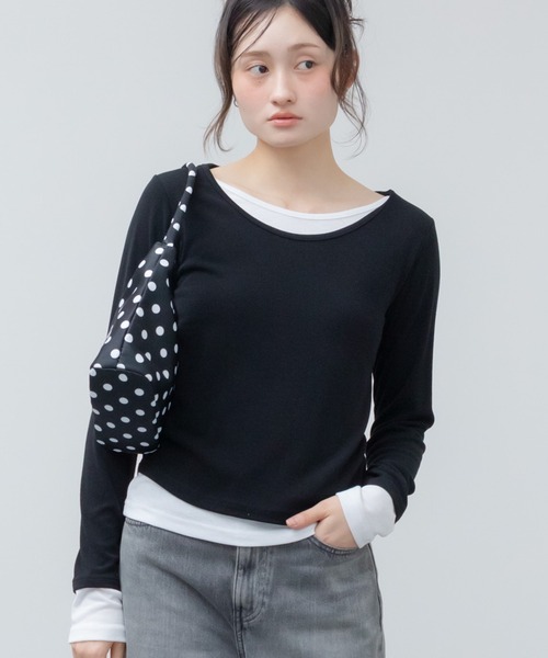 HEILIS(ヘイリス)の「レイヤードスムースカットソー / ブルー ブラック アイボリー カットソー トップス レイヤード ドッキング 春服 秋服 冬服 長袖 トップス 韓国 ガーリー 無地 カジュアル シンプル ノームコア オフィスカジュアル(Tシャツ/カットソー・レディース・ブラック/アイボリー/ブルー・FREE)」の2枚目の写真