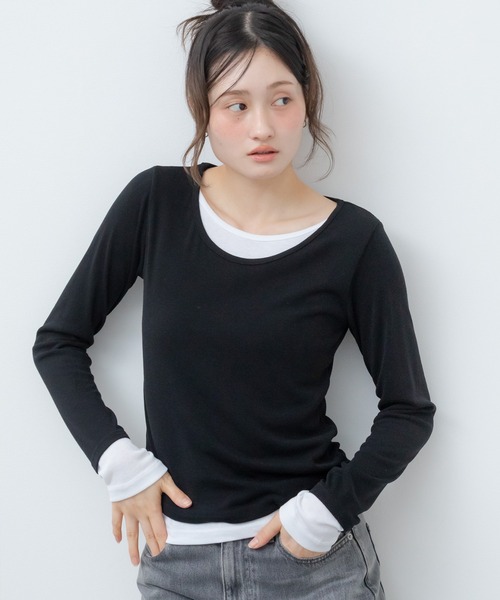 HEILIS(ヘイリス)の「レイヤードスムースカットソー / ブルー ブラック アイボリー カットソー トップス レイヤード ドッキング 春服 秋服 冬服 長袖 トップス 韓国 ガーリー 無地 カジュアル シンプル ノームコア オフィスカジュアル(Tシャツ/カットソー・レディース・ブラック/アイボリー/ブルー・FREE)」の15枚目の写真