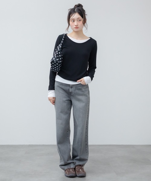 HEILIS(ヘイリス)の「レイヤードスムースカットソー / ブルー ブラック アイボリー カットソー トップス レイヤード ドッキング 春服 秋服 冬服 長袖 トップス 韓国 ガーリー 無地 カジュアル シンプル ノームコア オフィスカジュアル(Tシャツ/カットソー・レディース・ブラック/アイボリー/ブルー・FREE)」の19枚目の写真