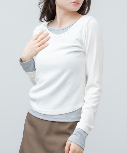 HEILIS(ヘイリス)の「レイヤードスムースカットソー / ブルー ブラック アイボリー カットソー トップス レイヤード ドッキング 春服 秋服 冬服 長袖 トップス 韓国 ガーリー 無地 カジュアル シンプル ノームコア オフィスカジュアル(Tシャツ/カットソー・レディース・ブラック/アイボリー/ブルー・FREE)」の7枚目の写真