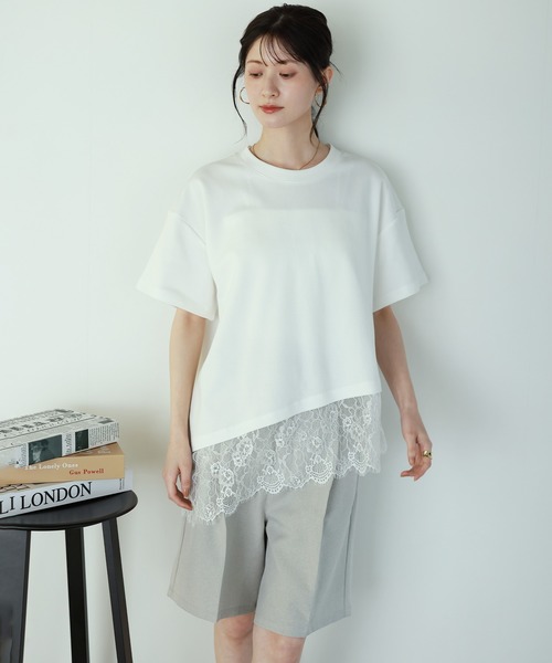 shetila(シェティラ)の「甘すぎない、大人の裾レースアシンメトリー半袖Tシャツ(Tシャツ/カットソー・レディース・ホワイト/ブラック・M)」の8枚目の写真