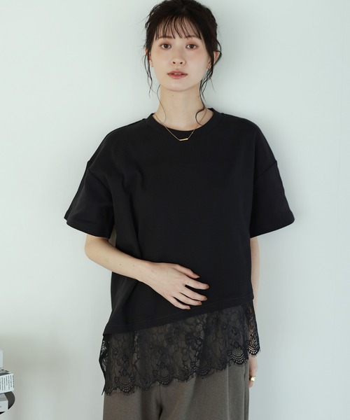 shetila(シェティラ)の「甘すぎない、大人の裾レースアシンメトリー半袖Tシャツ(Tシャツ/カットソー・レディース・ホワイト/ブラック・M)」の18枚目の写真