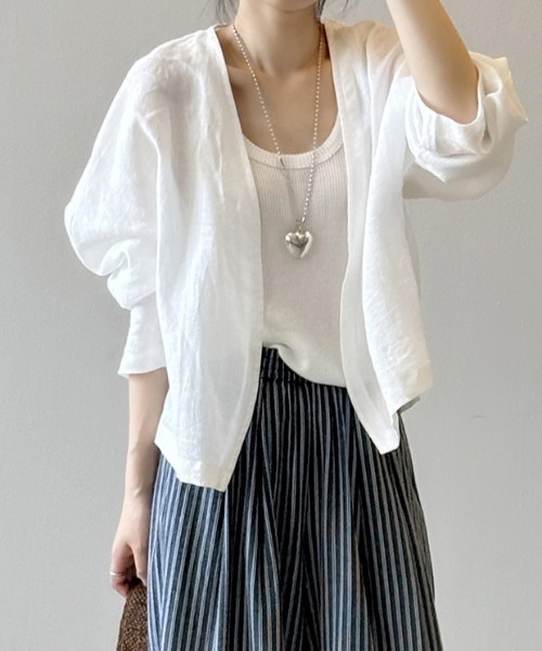 FAVORITO(ファヴォリート)の「ノーカラーショートトップス(シャツ/ブラウス・レディース・ネイビー/ホワイト・F)」の2枚目の写真