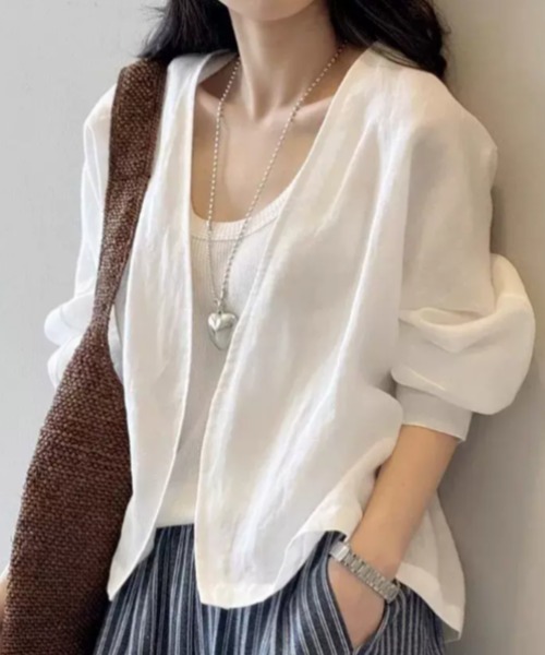 FAVORITO(ファヴォリート)の「ノーカラーショートトップス(シャツ/ブラウス・レディース・ネイビー/ホワイト・F)」の8枚目の写真