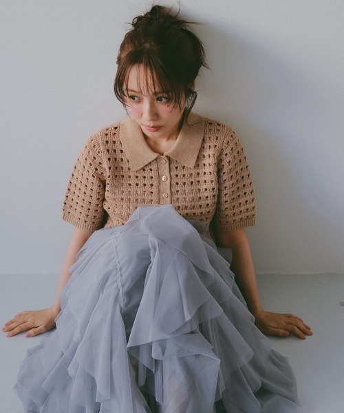 N WITH.（エヌウィズ）の「メッシュニットポロシャツ（ポロシャツ・レディース・アイボリー/ブラウン・MEDIUM/SMALL）」の4枚目の写真