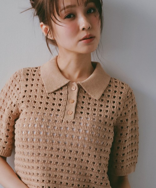 N WITH.（エヌウィズ）の「メッシュニットポロシャツ（ポロシャツ・レディース・アイボリー/ブラウン・MEDIUM/SMALL）」の5枚目の写真