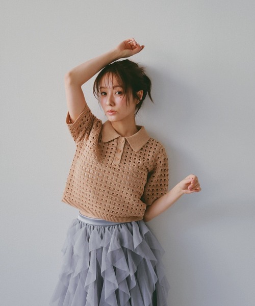 N WITH.（エヌウィズ）の「メッシュニットポロシャツ（ポロシャツ・レディース・アイボリー/ブラウン・MEDIUM/SMALL）」の6枚目の写真