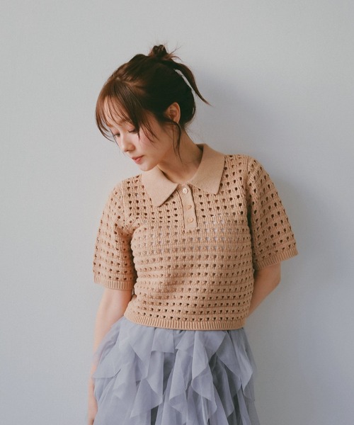 N WITH.（エヌウィズ）の「メッシュニットポロシャツ（ポロシャツ・レディース・アイボリー/ブラウン・MEDIUM/SMALL）」の7枚目の写真