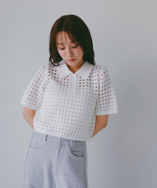N WITH.（エヌウィズ）の「メッシュニットポロシャツ（ポロシャツ・レディース・アイボリー/ブラウン・MEDIUM/SMALL）」の10枚目の写真