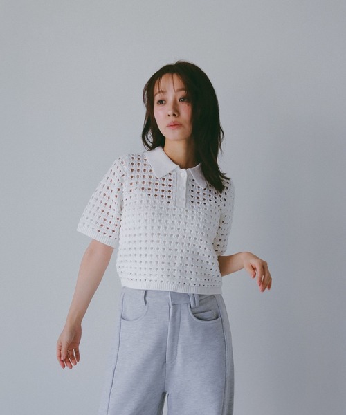 N WITH.（エヌウィズ）の「メッシュニットポロシャツ（ポロシャツ・レディース・アイボリー/ブラウン・MEDIUM/SMALL）」の14枚目の写真