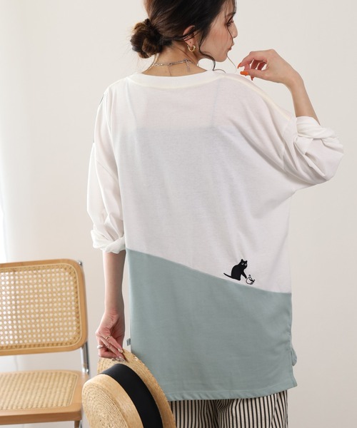 FUNALIVE(ファンアライブ)の「配色切替プルオーバー 猫 長袖(Tシャツ/カットソー・レディース・イエロー系その他/黄緑系4・L/M)」の6枚目の写真