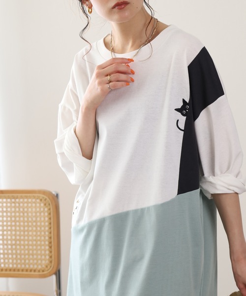 FUNALIVE(ファンアライブ)の「配色切替プルオーバー 猫 長袖(Tシャツ/カットソー・レディース・イエロー系その他/黄緑系4・L/M)」の8枚目の写真