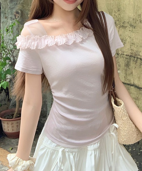 2ly2(トゥーリートゥー)の「フリルオフショルダー風 半袖カットソー(Tシャツ/カットソー・レディース・ブルー/イエロー/ピンク・FREE)」の1枚目の写真