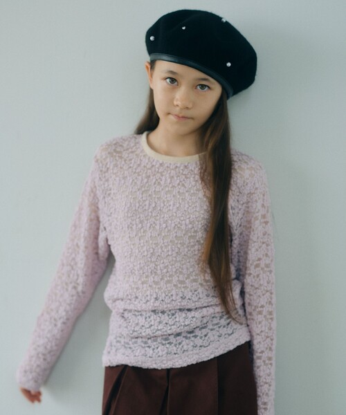 green label relaxing(グリーンレーベルリラクシング)の「フラワー ジャガード シアー トップス / キッズ 140cm-160cm(Tシャツ/カットソー・キッズ・ブラック/ナチュラル/ライトピンク・160cm/140cm/150cm)」の3枚目の写真