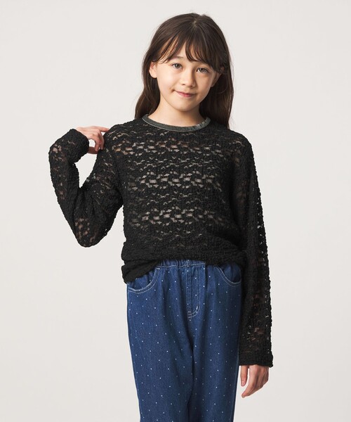 green label relaxing(グリーンレーベルリラクシング)の「フラワー ジャガード シアー トップス / キッズ 140cm-160cm(Tシャツ/カットソー・キッズ・ブラック/ナチュラル/ライトピンク・160cm/140cm/150cm)」の5枚目の写真