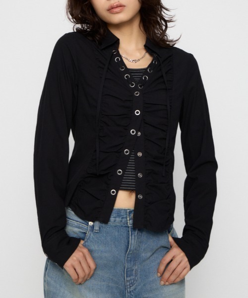 LAGUA GEM(ラグアジェム)の「V NECK GATHER シャツ(シャツ/ブラウス・レディース・オフホワイト/ブラック/カーキ・FREE)」の3枚目の写真