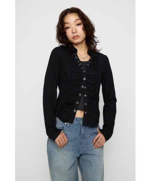 LAGUA GEM(ラグアジェム)の「V NECK GATHER シャツ(シャツ/ブラウス・レディース・オフホワイト/ブラック/カーキ・FREE)」の5枚目の写真