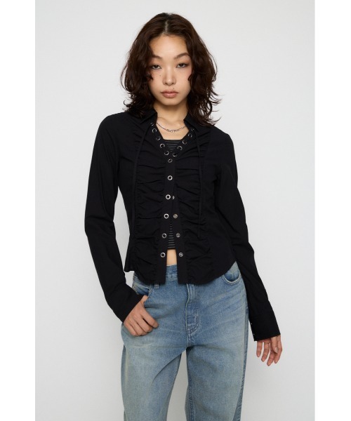 LAGUA GEM(ラグアジェム)の「V NECK GATHER シャツ(シャツ/ブラウス・レディース・オフホワイト/ブラック/カーキ・FREE)」の6枚目の写真
