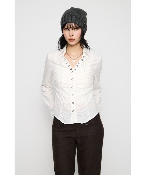 LAGUA GEM(ラグアジェム)の「V NECK GATHER シャツ(シャツ/ブラウス・レディース・オフホワイト/ブラック/カーキ・FREE)」の13枚目の写真