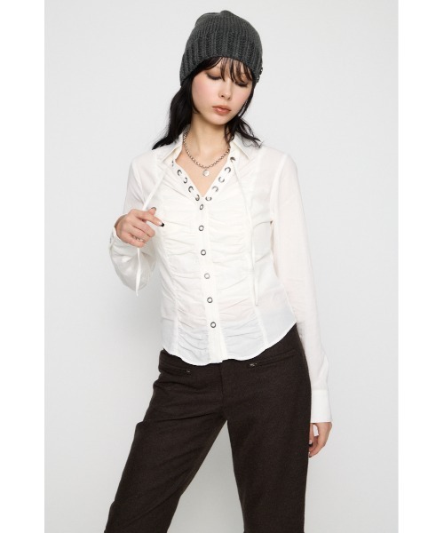 LAGUA GEM(ラグアジェム)の「V NECK GATHER シャツ(シャツ/ブラウス・レディース・オフホワイト/ブラック/カーキ・FREE)」の14枚目の写真