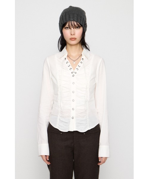 LAGUA GEM(ラグアジェム)の「V NECK GATHER シャツ(シャツ/ブラウス・レディース・オフホワイト/ブラック/カーキ・FREE)」の16枚目の写真