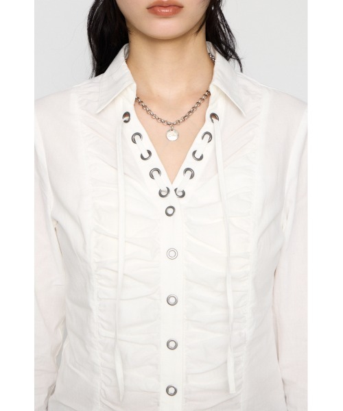 LAGUA GEM(ラグアジェム)の「V NECK GATHER シャツ(シャツ/ブラウス・レディース・オフホワイト/ブラック/カーキ・FREE)」の19枚目の写真